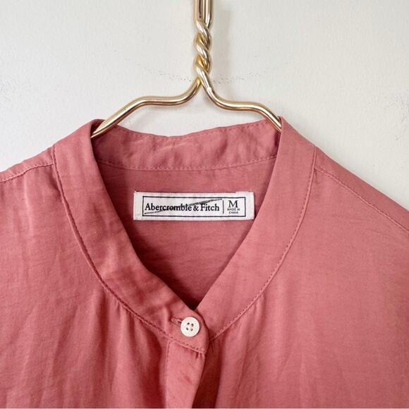 abercrombie & fitch Salmon Pink Silky Collarless Tie Sleeve Oversized Shirt M - Picture 7 of 8